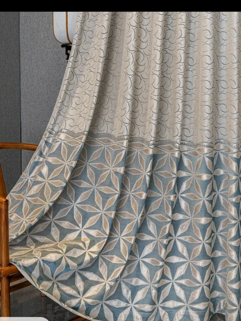 Elegant Blue and Cream Geometric Window Curtains